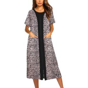 imageEkouaer Robes For Women Zipper Front Bathrobe Short Sleeve House Coat Long Nightgown With Pockets Soft LoungewearLeopard Print