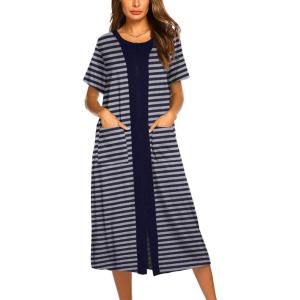 imageEkouaer Robes For Women Zipper Front Bathrobe Short Sleeve House Coat Long Nightgown With Pockets Soft LoungewearNavy Blue