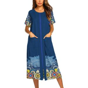imageEkouaer Robes For Women Zipper Front Bathrobe Short Sleeve House Coat Long Nightgown With Pockets Soft LoungewearPat10