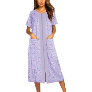 imageEkouaer Robes For Women Zipper Front Bathrobe Short Sleeve House Coat Long Nightgown With Pockets Soft LoungewearPat12
