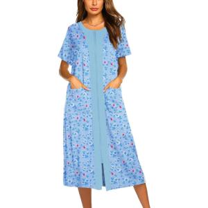 imageEkouaer Robes For Women Zipper Front Bathrobe Short Sleeve House Coat Long Nightgown With Pockets Soft LoungewearPat13