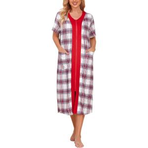 imageEkouaer Robes For Women Zipper Front Bathrobe Short Sleeve House Coat Long Nightgown With Pockets Soft LoungewearPat6