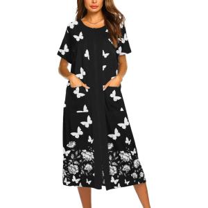 imageEkouaer Robes For Women Zipper Front Bathrobe Short Sleeve House Coat Long Nightgown With Pockets Soft LoungewearPat9