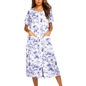 imageEkouaer Robes For Women Zipper Front Bathrobe Short Sleeve House Coat Long Nightgown With Pockets Soft LoungewearPurple Watercolor Flowers