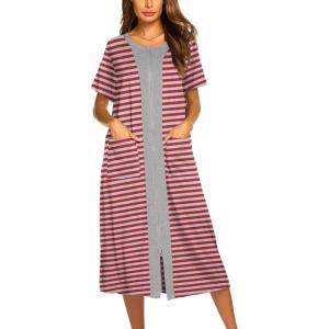 imageEkouaer Robes For Women Zipper Front Bathrobe Short Sleeve House Coat Long Nightgown With Pockets Soft LoungewearRed