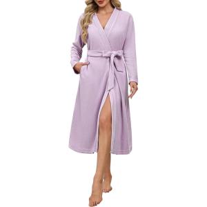 imageEkouaer Robes for Women Long Sleeves Bathrobe V Neck Cozy Housecoat Lightweight Fleece Robe with Pockets SXXLLavender
