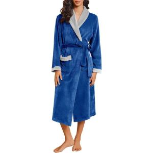 imageEkouaer Robes for Women Soft Long Bathrobe Lightweight Fleece Shawl Collar Spa Robe Cozy Sleepwear with Pockets SXXLDeep BlueLight Gray