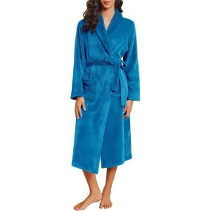 imageEkouaer Robes for Women Soft Long Bathrobe Lightweight Fleece Shawl Collar Spa Robe Cozy Sleepwear with Pockets SXXLLake Blue