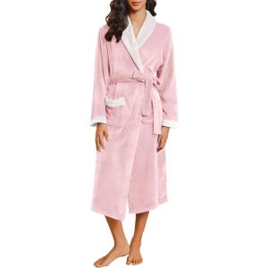 imageEkouaer Robes for Women Soft Long Bathrobe Lightweight Fleece Shawl Collar Spa Robe Cozy Sleepwear with Pockets SXXLLight Pink