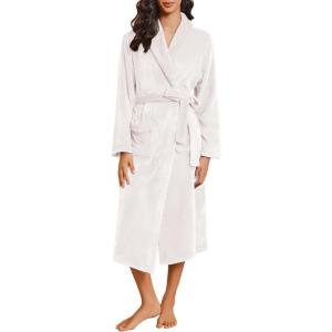 imageEkouaer Robes for Women Soft Long Bathrobe Lightweight Fleece Shawl Collar Spa Robe Cozy Sleepwear with Pockets SXXLWhite