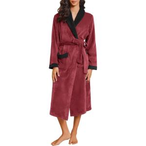 imageEkouaer Robes for Women Soft Long Bathrobe Lightweight Fleece Shawl Collar Spa Robe Cozy Sleepwear with Pockets SXXLWine Red