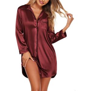 imageEkouaer Satin Nightgowns for Women Button Down Sleep Shirt Silk Night Shirt Long Sleeve Boyfriend Sleepwear S3XLWine Red