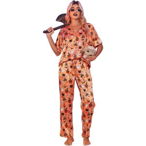 imageEkouaer Satin Pajama Set Womens Silk Short Sleeve V Neck Shirt with Long Pant Soft Loungewear Pjs SetHalloween Orange