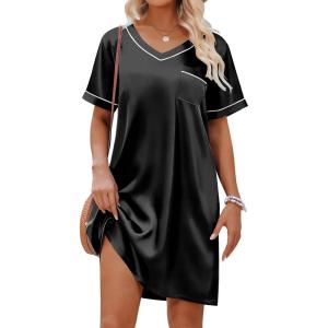imageEkouaer Satin Silk Nightgown for Women Silky Loose Sleepwear V Neck Nightshirt Short Sleeve Sleep DressBlack