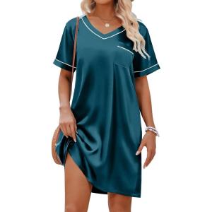 imageEkouaer Satin Silk Nightgown for Women Silky Loose Sleepwear V Neck Nightshirt Short Sleeve Sleep DressBlue