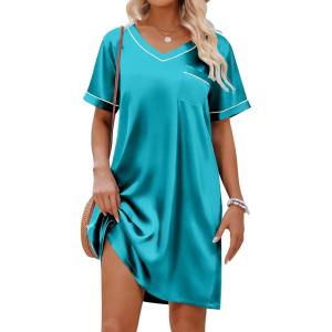 imageEkouaer Satin Silk Nightgown for Women Silky Loose Sleepwear V Neck Nightshirt Short Sleeve Sleep DressBlue Green