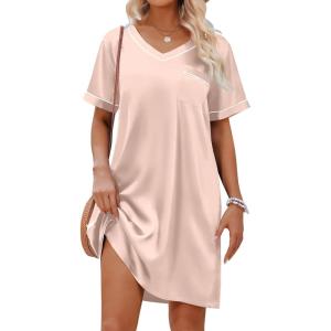imageEkouaer Satin Silk Nightgown for Women Silky Loose Sleepwear V Neck Nightshirt Short Sleeve Sleep DressChampagne