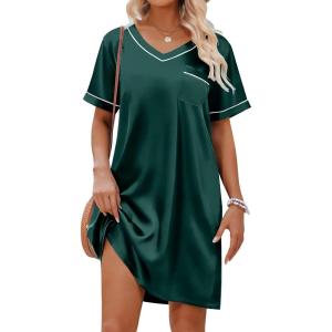 imageEkouaer Satin Silk Nightgown for Women Silky Loose Sleepwear V Neck Nightshirt Short Sleeve Sleep DressGreen