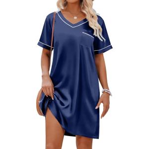 imageEkouaer Satin Silk Nightgown for Women Silky Loose Sleepwear V Neck Nightshirt Short Sleeve Sleep DressNavy Blue