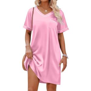 imageEkouaer Satin Silk Nightgown for Women Silky Loose Sleepwear V Neck Nightshirt Short Sleeve Sleep DressPink