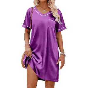 imageEkouaer Satin Silk Nightgown for Women Silky Loose Sleepwear V Neck Nightshirt Short Sleeve Sleep DressPurple