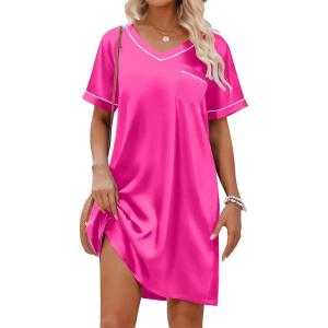 imageEkouaer Satin Silk Nightgown for Women Silky Loose Sleepwear V Neck Nightshirt Short Sleeve Sleep DressRose Red