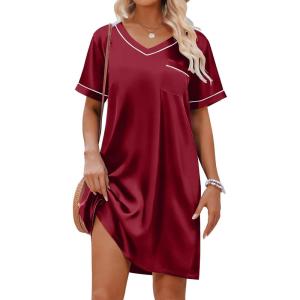 imageEkouaer Satin Silk Nightgown for Women Silky Loose Sleepwear V Neck Nightshirt Short Sleeve Sleep DressWine Red