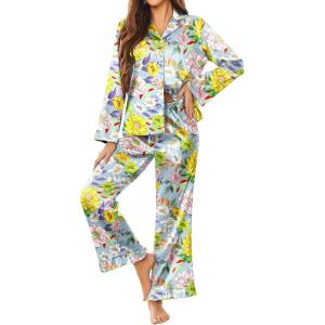 imageEkouaer Silk Satin Pajamas Set Womens Long Sleepwear Button Down 2 Piece Classic Soft Loungewear Pjs SetFloral