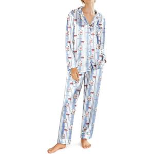 imageEkouaer Silk Satin Pajamas for Women Teddy Bear Pjs Set Button Down Long Sleeve Loungewear Cute Sleepwear SXXLBow Teddy