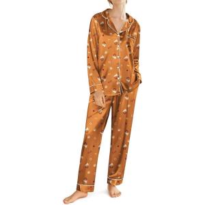 imageEkouaer Silk Satin Pajamas for Women Teddy Bear Pjs Set Button Down Long Sleeve Loungewear Cute Sleepwear SXXLBrown Teddy