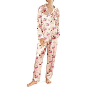 imageEkouaer Silk Satin Pajamas for Women Teddy Bear Pjs Set Button Down Long Sleeve Loungewear Cute Sleepwear SXXLCherry Teddy
