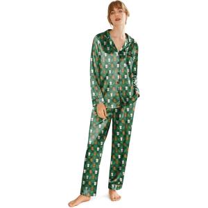 imageEkouaer Silk Satin Pajamas for Women Teddy Bear Pjs Set Button Down Long Sleeve Loungewear Cute Sleepwear SXXLGreen Christmas Teddy