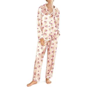 imageEkouaer Silk Satin Pajamas for Women Teddy Bear Pjs Set Button Down Long Sleeve Loungewear Cute Sleepwear SXXLHeart Teddy