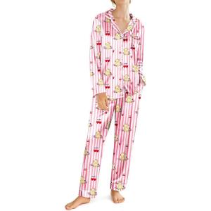 imageEkouaer Silk Satin Pajamas for Women Teddy Bear Pjs Set Button Down Long Sleeve Loungewear Cute Sleepwear SXXLPink Stripe Teddy