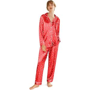 imageEkouaer Silk Satin Pajamas for Women Teddy Bear Pjs Set Button Down Long Sleeve Loungewear Cute Sleepwear SXXLRed Christmas Teddy