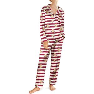 imageEkouaer Silk Satin Pajamas for Women Teddy Bear Pjs Set Button Down Long Sleeve Loungewear Cute Sleepwear SXXLRed Stripe Teddy