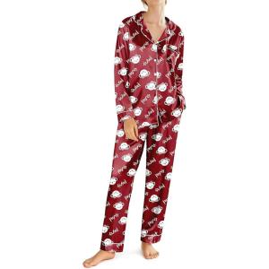 imageEkouaer Silk Satin Pajamas for Women Teddy Bear Pjs Set Button Down Long Sleeve Loungewear Cute Sleepwear SXXLRed Teddy