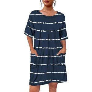 imageEkouaer Sleep Shirts for Women Nightgown Short Sleeves T shirt Night Dress Round Neck Womans Nightgown with Pocket SXXLBlue Stripe