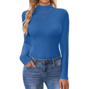 imageEkouaer Turtleneck Shirt Women Long Sleeve Mock Neck Slim Fit Tops Thermal Base Layer Soft Lightweight Stretch UndershirtsBright Blue
