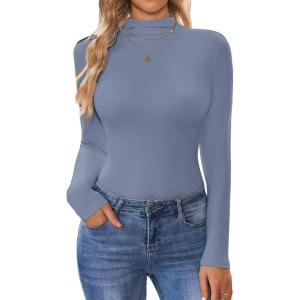 imageEkouaer Turtleneck Shirt Women Long Sleeve Mock Neck Slim Fit Tops Thermal Base Layer Soft Lightweight Stretch UndershirtsGray Blue