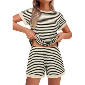 imageEkouaer Waffle Knit Lounge Set Women Stripe Pajama Sets Short Sleeve Pj Tops and Shorts Matching loungewear with PocketsBeige Striped