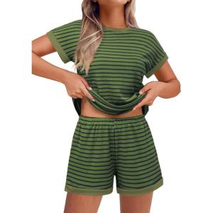 imageEkouaer Waffle Knit Lounge Set Women Stripe Pajama Sets Short Sleeve Pj Tops and Shorts Matching loungewear with PocketsGreen Striped