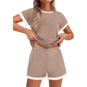 imageEkouaer Waffle Knit Lounge Set Women Stripe Pajama Sets Short Sleeve Pj Tops and Shorts Matching loungewear with PocketsKhaki