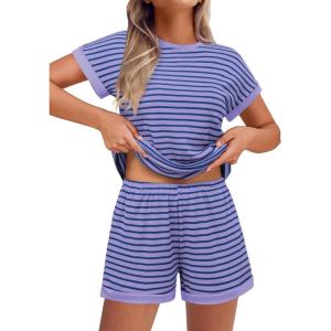 imageEkouaer Waffle Knit Lounge Set Women Stripe Pajama Sets Short Sleeve Pj Tops and Shorts Matching loungewear with PocketsPurple