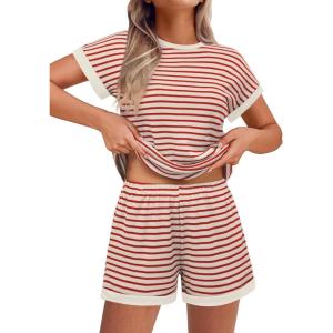imageEkouaer Waffle Knit Lounge Set Women Stripe Pajama Sets Short Sleeve Pj Tops and Shorts Matching loungewear with PocketsRed