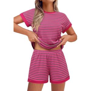 imageEkouaer Waffle Knit Lounge Set Women Stripe Pajama Sets Short Sleeve Pj Tops and Shorts Matching loungewear with PocketsRose Pink Striped