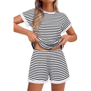 imageEkouaer Waffle Knit Lounge Set Women Stripe Pajama Sets Short Sleeve Pj Tops and Shorts Matching loungewear with PocketsWhite Striped