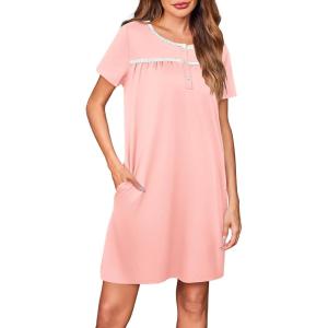 imageEkouaer Women Nightgowns Short Sleeve Sleepwear Soft Pajama Dress Sleep Shirt Nightshirt S2XLPink