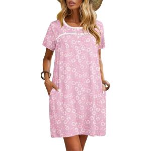 imageEkouaer Women Nightgowns Short Sleeve Sleepwear Soft Pajama Dress Sleep Shirt Nightshirt S2XLPink Print