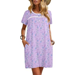 imageEkouaer Women Nightgowns Short Sleeve Sleepwear Soft Pajama Dress Sleep Shirt Nightshirt S2XLPurple Print